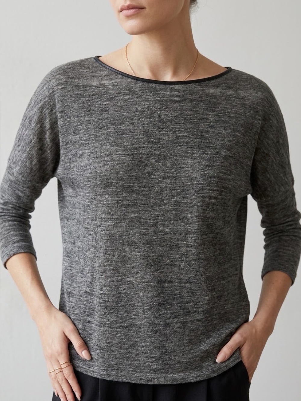 VINCE Heathered Charcoal Gray Linen Lamb Leather Trim Boat Neck Sweater